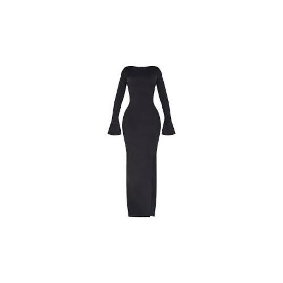 PRETTYLITTLETHING Maxi Dress Size 12 Black Shape Sculpt Asym Neck Flared Sleeve - Picture 1 of 4